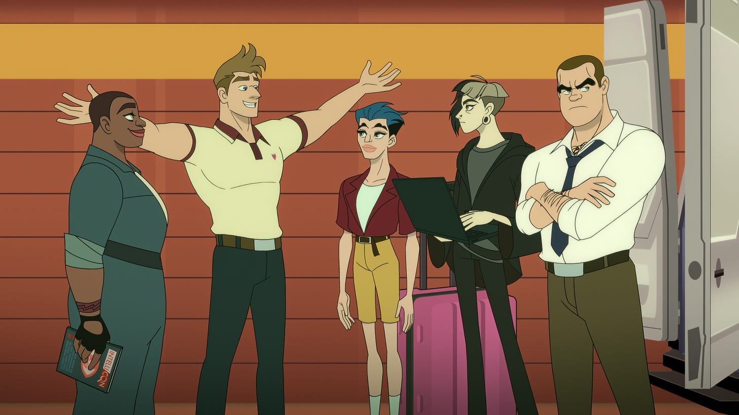 Still from Q-Force, showing five spies standing around, one with his arms outstretched