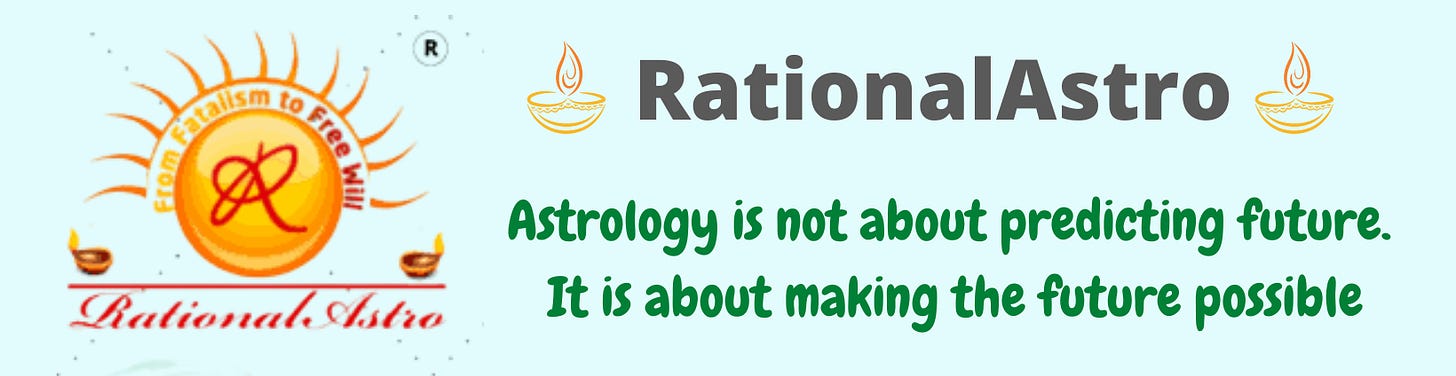 The image has logo of RationalAstro with its name. A phrase is mentioned "Astrology is not about predicting future. It is about making the future possible." Articles contributed by: Anish Prasad