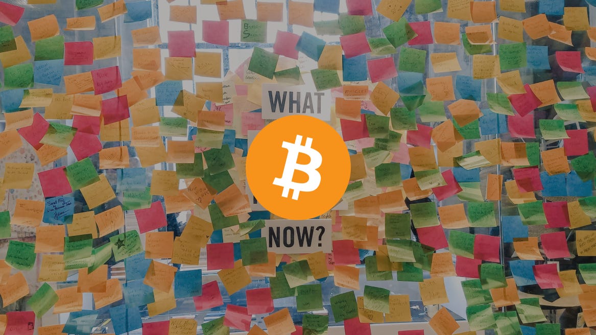 Wall with post its and Bitcoin logo