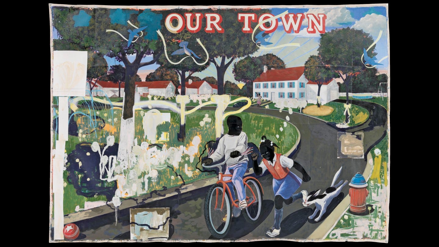 A Kerry James Marshall painting of two Black children coming down a road, one on a bike and the other on foot