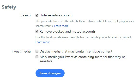 Screenshot of Twitter's sensitive content settings