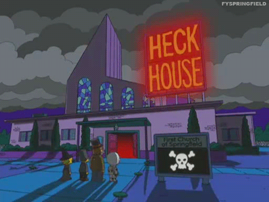 Bart, Lisa, Milhouse, and Nelson approach Heck House on The Simpsons Treehouse of Horror XVIII
