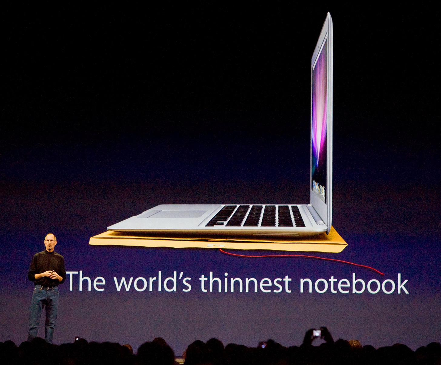 Apple CEO Steve Jobs announced the new Macbook Air, at the Macworld Conference and Expo in San Francisco, Tuesday, January 15, 2008. The laptop billed as the world's thinnest computer features a 13.3" widescreen, a keyboard that has an ambient light sens Apple CEO Steve Jobs announced the new Macbook Air, at the Macworld Conference and Expo in San Francisco, Tuesday, January 15, 2008. The laptop billed as the world's thinnest computer features a 13.3" widescreen, a keyboard that has an ambient light sensor and a multi-touch trackpad. (John Green/Bay Area News Group) (Photo by MediaNews Group/Bay Area News via Getty Images)