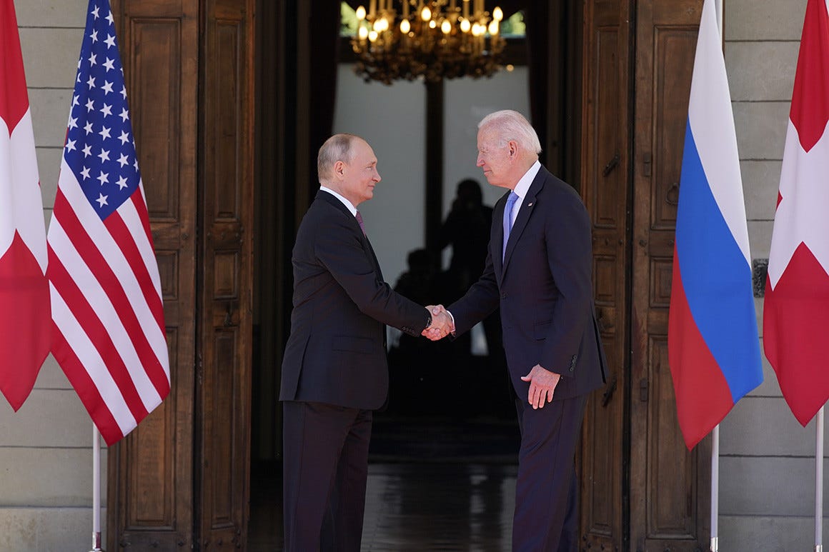 President Joe Biden and Russian President Vladimir Putin arrive to meet on June 16, 2021, in Geneva, Switzerland.