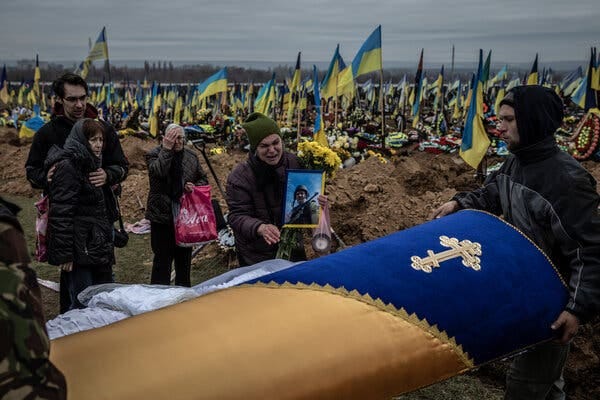 The funeral of a Ukrainian soldier who was killed last month by Russian artillery was held on Thursday in Kharkiv, Ukraine. European support for Ukraine remains high after eight months of war.
