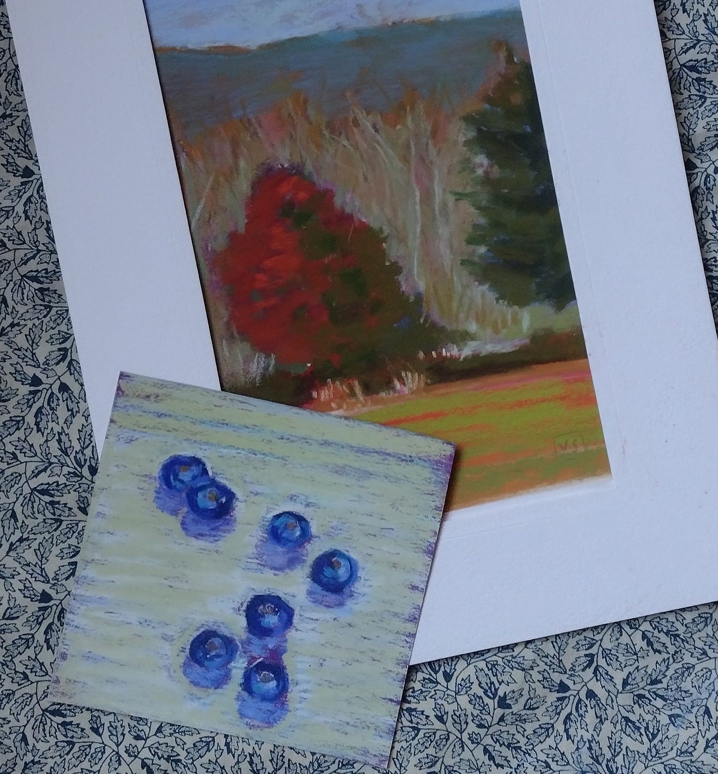 drawing of blueberries and autumn landscape