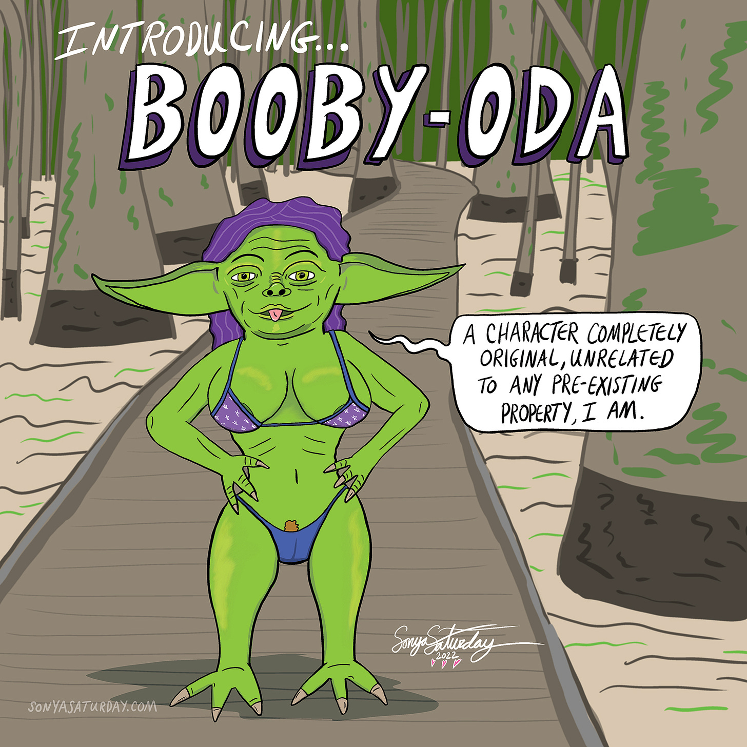 Colorful illustration of Booby-Oda, a completely original character with green skin, purple hair, and a bikini
