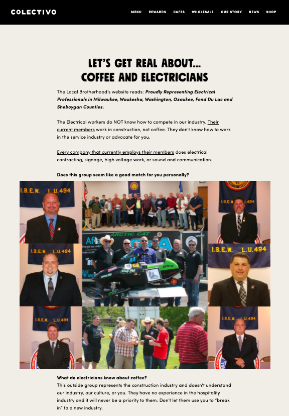 A screenshot from the Colectivo Coffee website detailing why electricians aren't a good fit to run the union of a coffee shop.