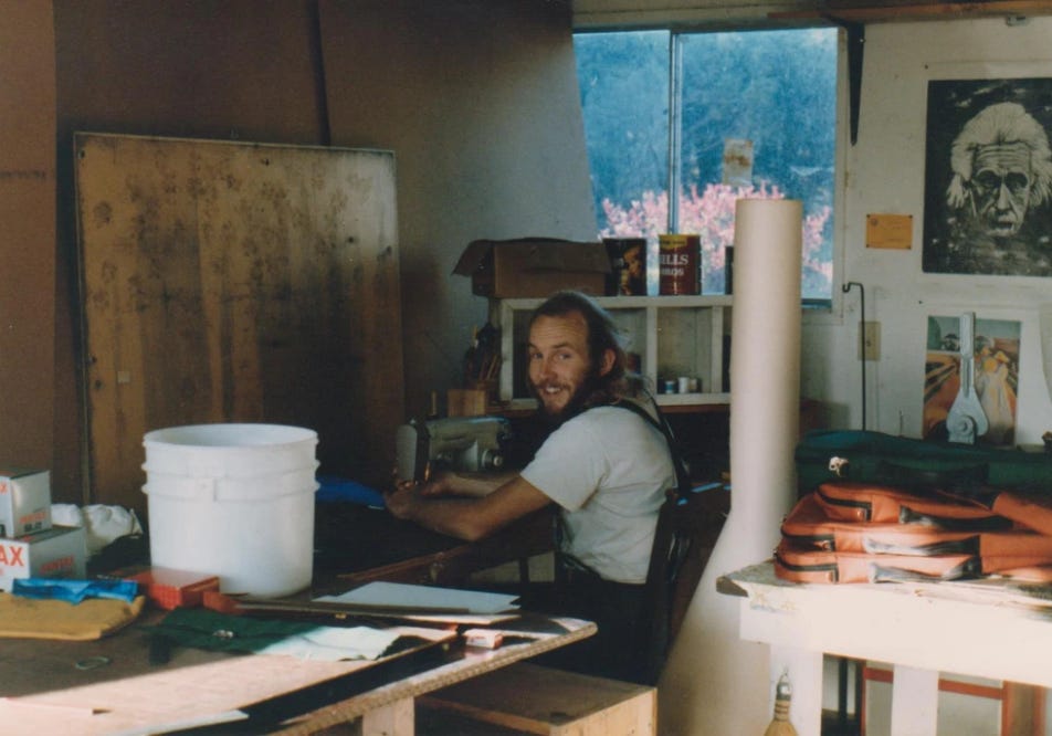 Tom Bihn sewing in his workshop
