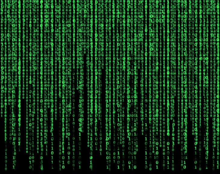 Image of green numbers and symbols running down a black screen; characteristic of The Matrix movies