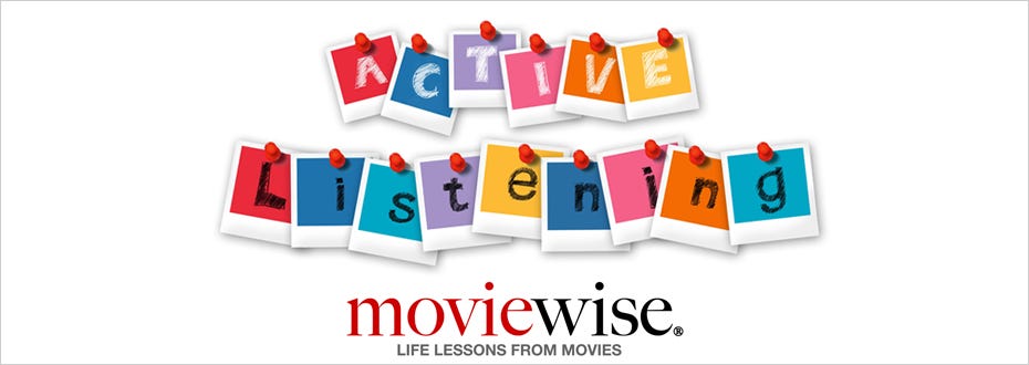 Individual letters in colorful squares spell out the words ‘active listening’ with the moviewise logo underneath.