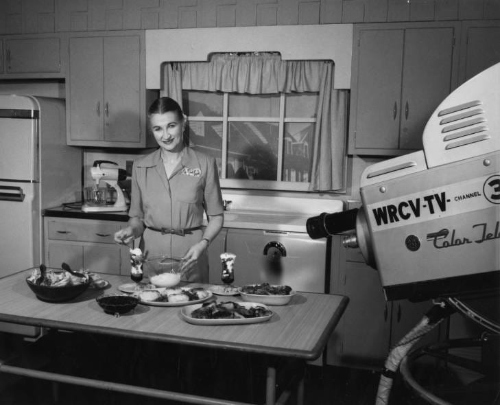 Florence Hanford demonstrates cooking techniques on WRCV-TV Philadelphia. She's not wearing an apron.