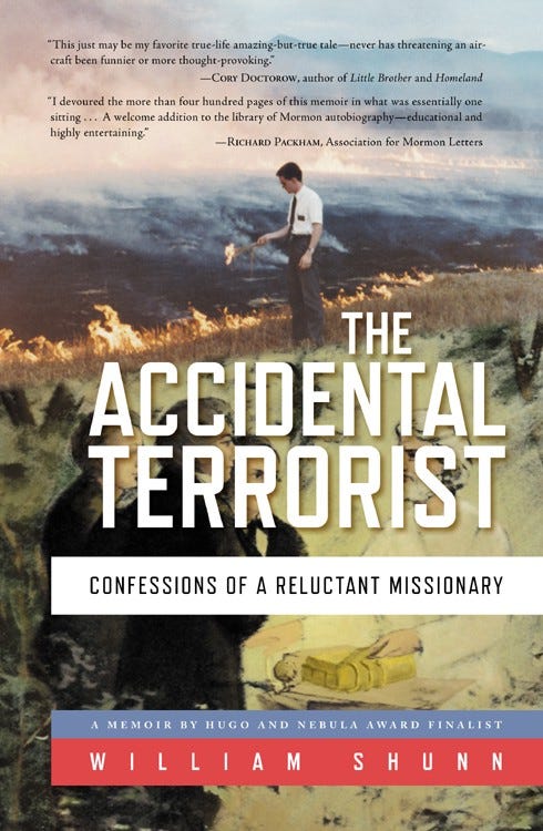 Front cover of the hardcover edition of my memoir, The Accidental Terrorist, showing a photo of the author as a young missionary in 1987 standing at the edge of a burning wheat field, montaged with an old illustration of the Mormon prophet Joseph Smith and two other men receiving the Golden Plates from the Angel Moroni.