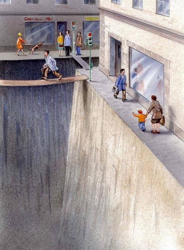 cartoon showing an urban street as a chasm surrounded by sidewalks - illustrating how planners have given over space to cars and the danger they represent to pedestrians
