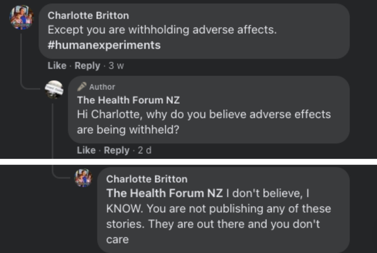 “Hi Charlotte - why do you believe adverse effects are being withheld?” - “I don’t believe, I KNOW”