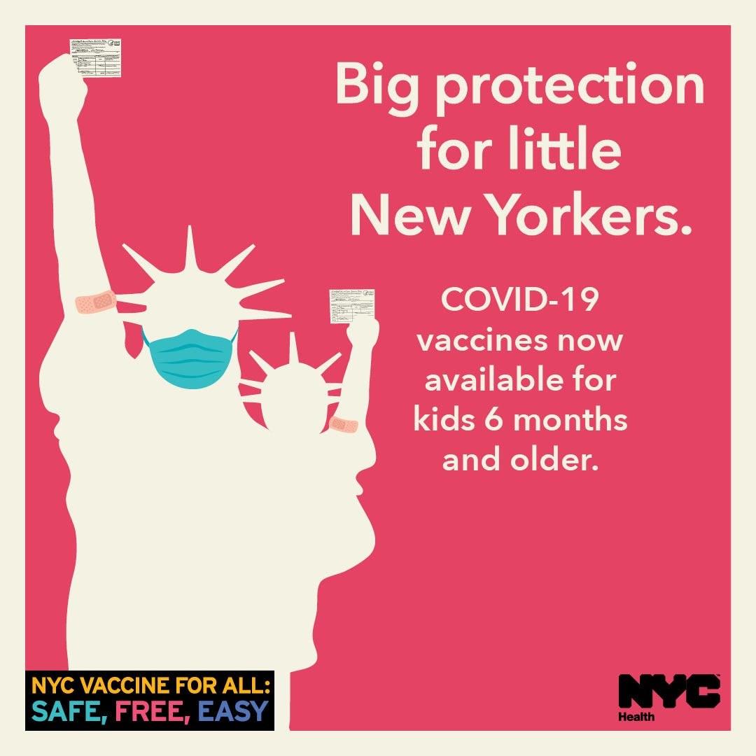 nychealthy on Twitter: "📣 Starting TODAY: Children 6 months to 4 years old  can now get vaccinated against COVID-19! Contact their pediatrician or find  a vaccination site near you: https://t.co/JSnErgUAoI  https://t.co/Zn8UVfNvRa" /