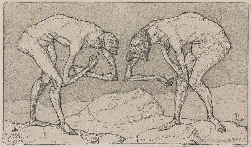 Paul Klee, Two Gentlemen Bowing to One Another, Each Supposing the Other to Be in a Higher Position (Invention 6), September 1903. Etching on paper, plate and sheet: 4 5/8 x 8 1/8 inches (11.8 x 20.7 cm)