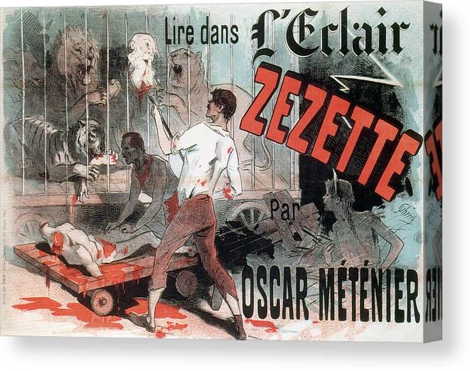 Poster para el teatro de Grand Guignol donde se ve un cuerpo descuartizado sobre una carreta y dos hombres lanzando una cabeza decapitada a una jaula de leones y tigres, con un tigre ya disfrutando del banquete de un brazo humano.