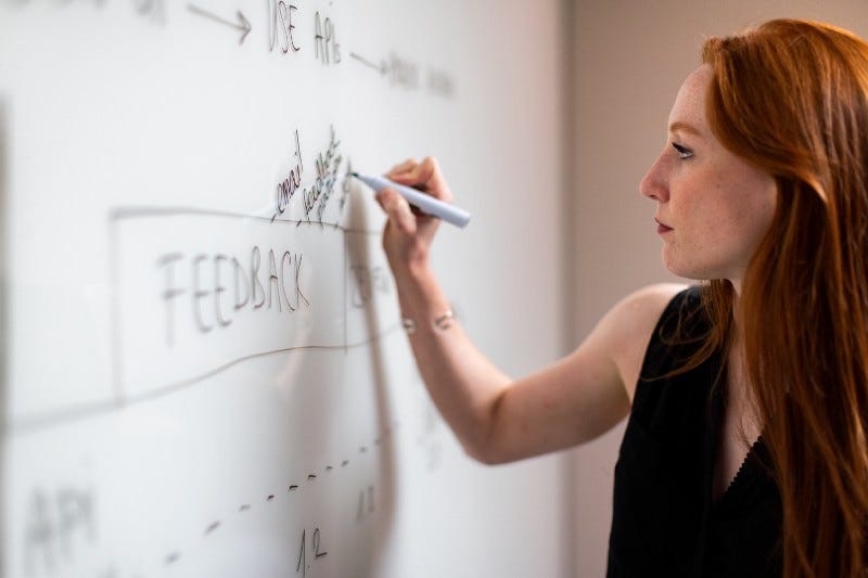 A woman writing on a whiteboard