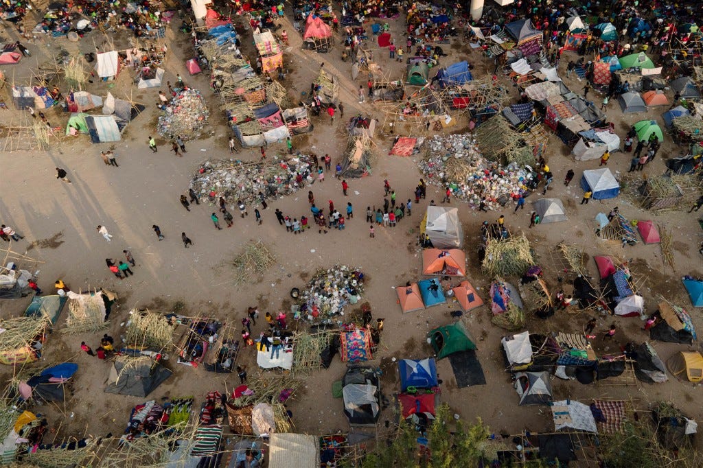 An encampment of migrants at the border near Del Rio, Texas on September 21, 2021.
