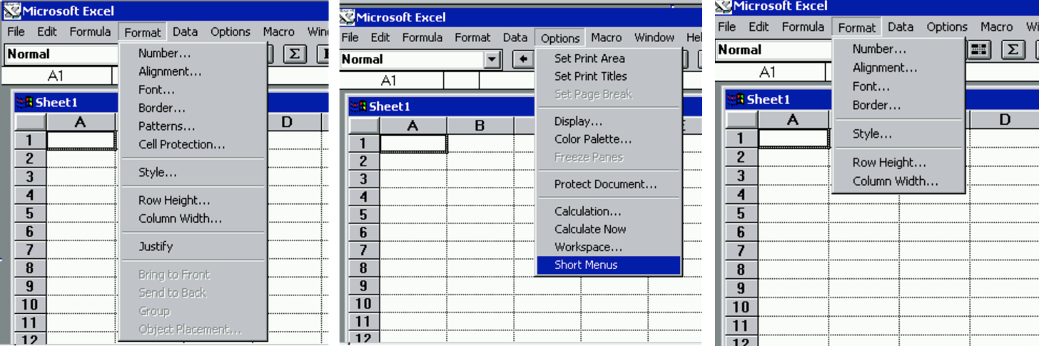 Excel 3.0 showing two different versions of the Format menu, one with every command and then one with only the basic commands. There is also a view of the Options menu showing the choice for "Short Menus"