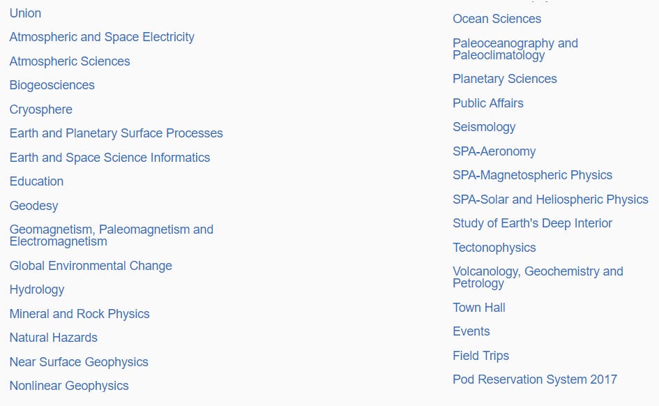 List of sections/focus groups at the AGU 2017 Fall Meeting because I’m lazy.