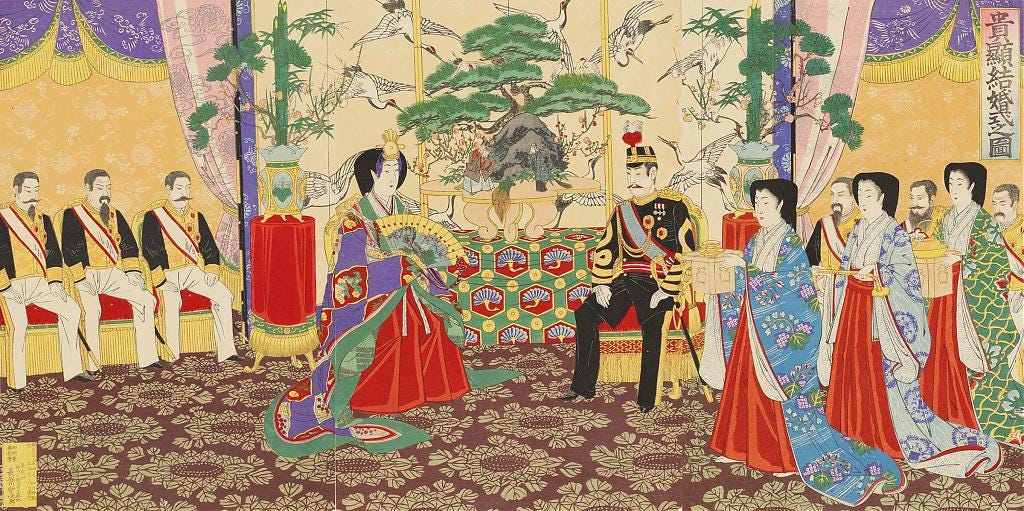 Shinto ceremony at the wedding of Crown Prince Yoshihito and noblewoman Sadako Kujō in 1900