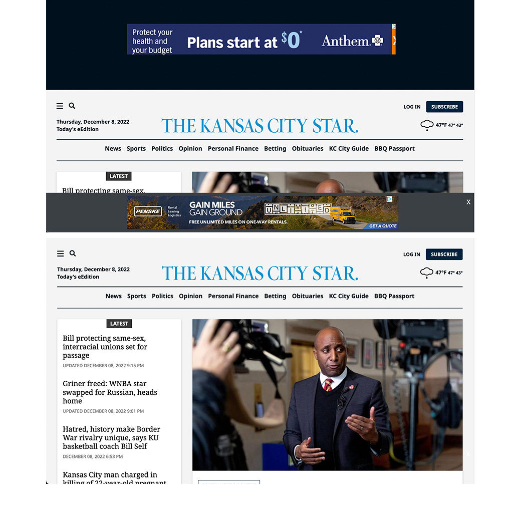 A comparison of the homepage of the Kansas City Star with and without ad block active