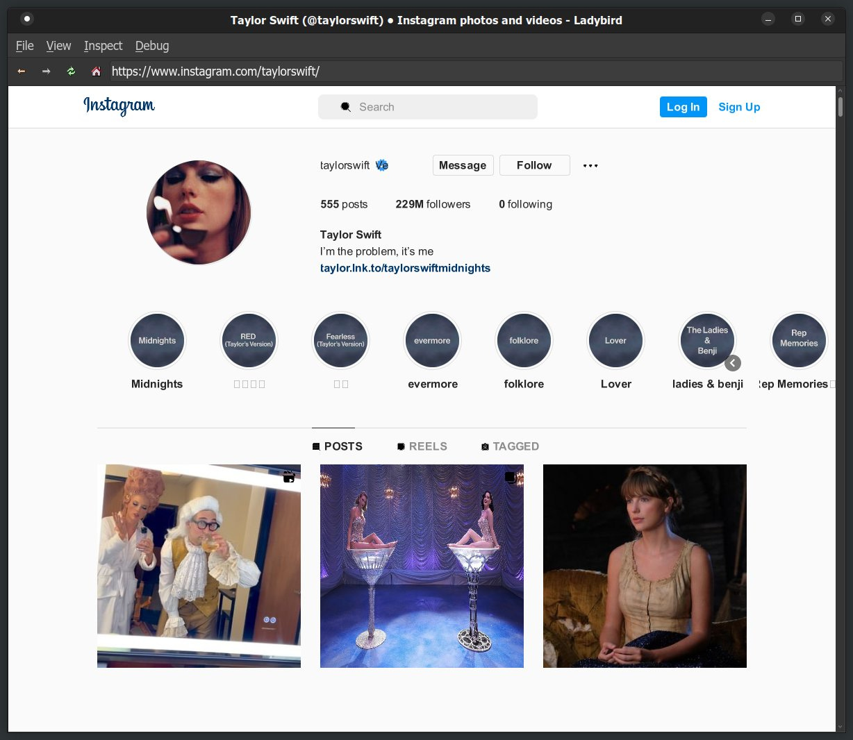 Screenshot of Taylor Swift's Instagram profile viewed in the Ladybird web browser.