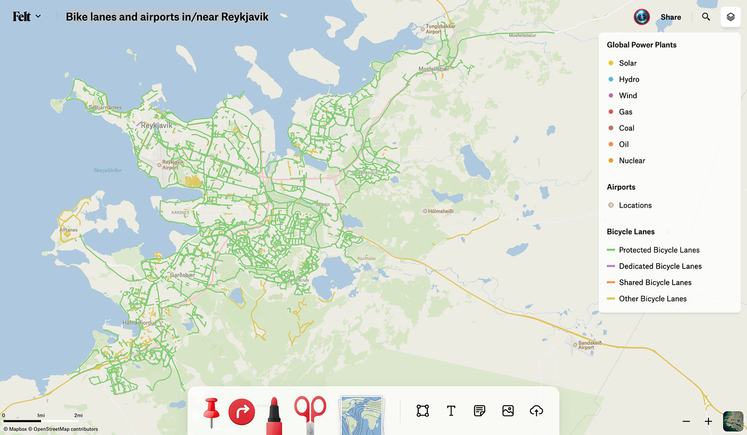 map of bike lanes and airports in/near Reykjavik