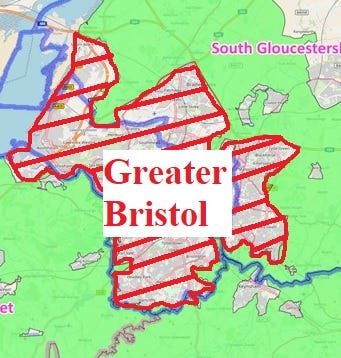 Map of Bristol's green belt with Bristol and South Glos land inside it shaded red and described as "Greater Bristol"