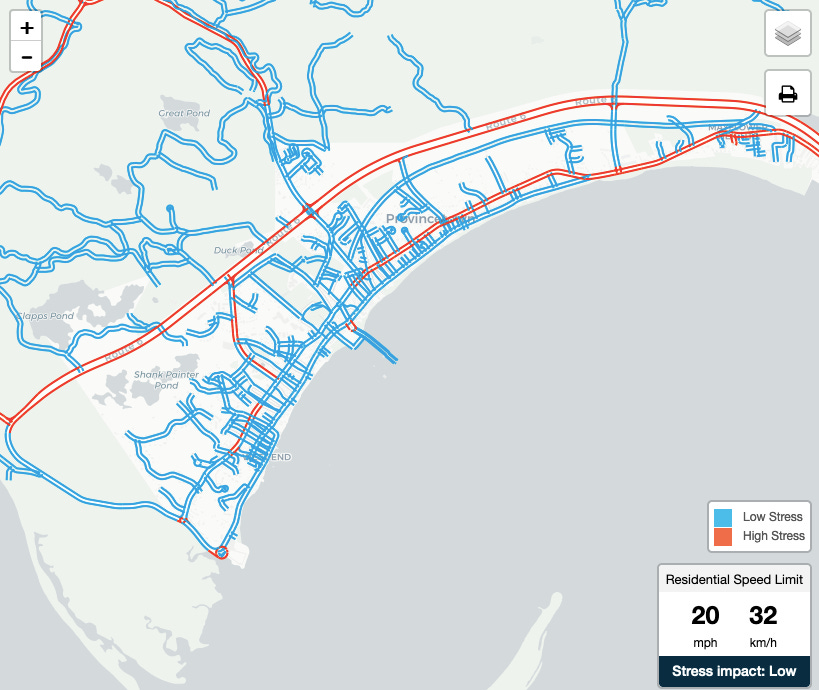 This map shows the degrees of traffic stress on key roads in Providence, MA. A high stress interstate passes to the north of the city