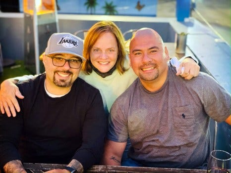 Torrance-based attorney Deirdre O’Connor is pictured here with John Klene (left), and Eduardo Dumbrique, shortly after they were released from prison in 2021 after being exonerated for a 1997 murder in Hawthorne that they did not commit. O’Connor and volunteers for her nonprofit, Innocence Matters, spent nearly a decade working pro-bono for the two men in clearing their names. (Photo courtesy Deirdre O’Connor)
