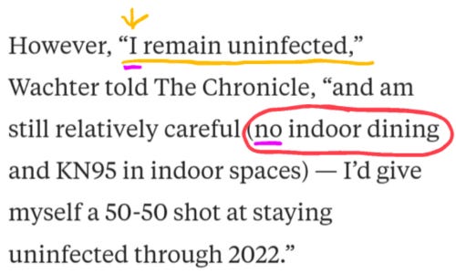 Text reads However I remain uninfected wachter told the chronicle and am still relatively careful, no indoor dining and KN95 in indoor spaces I’d give myself a 50-50 shot at staying uninfected through 2022. I remain uninfected is underlined in yellow and no indoor dining is circled in red