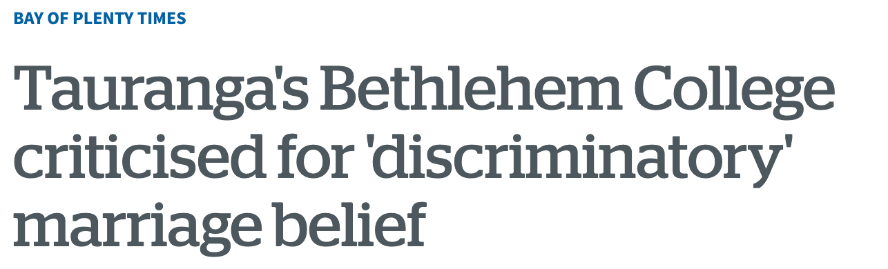 “Tauranga’s Bethlehem College criticized for discriminatory marriage belief”