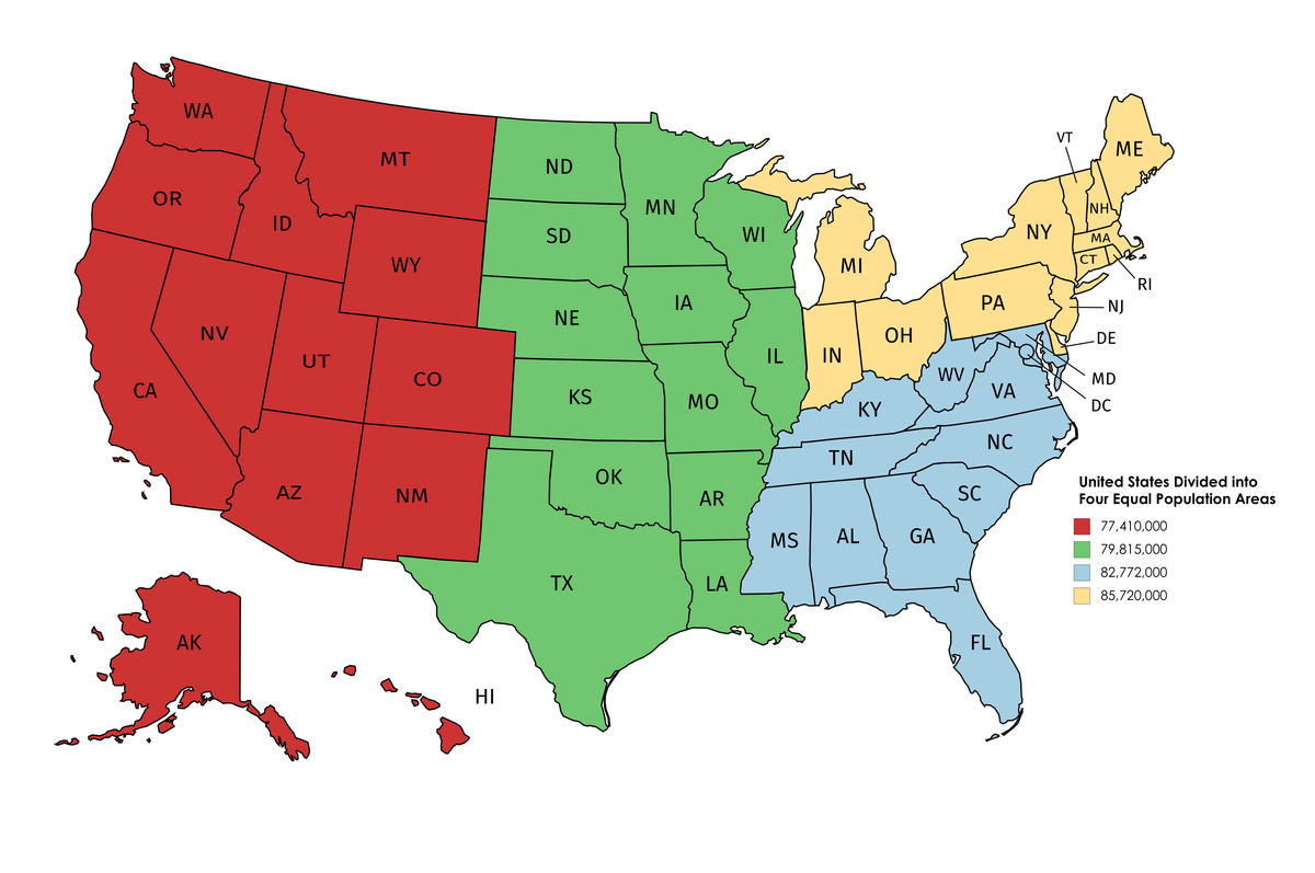United States Divided into Four Equal Population Areas : MapPorn