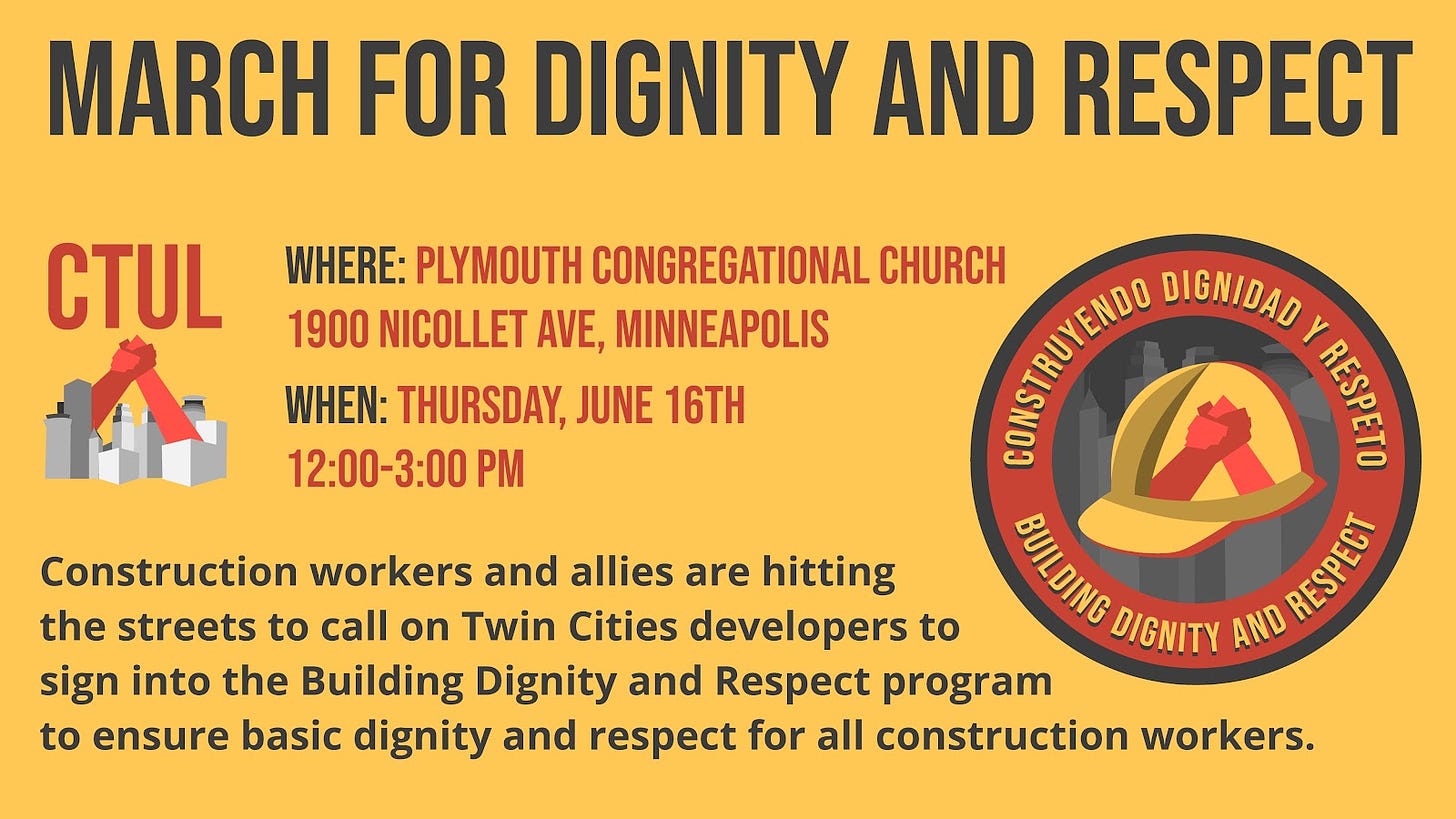 "march for dignity and respect" graphic including time and location details for a march on thursday. CTUL logos show a construction hat with hands clasped together