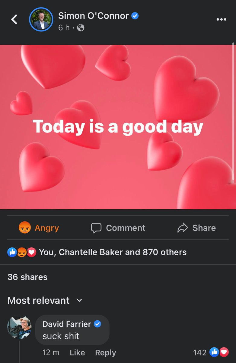 Simon O'Conner's Facebook page - a sea of hearts, and then "Today is a good day".