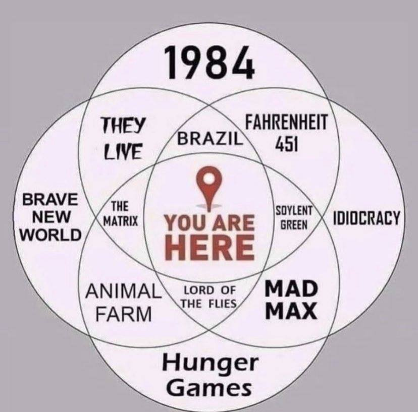 May be an image of text that says '1984 THEY LIVE FAHRENHEIT BRAZIL 451 BRAVE NEW WORLD THE MATRIX SOYLENT GREEN IDIOCRACY YOU ARE HERE MAD MAX ANIMAL FARM LORD OF THE FLIES Hunger Games'
