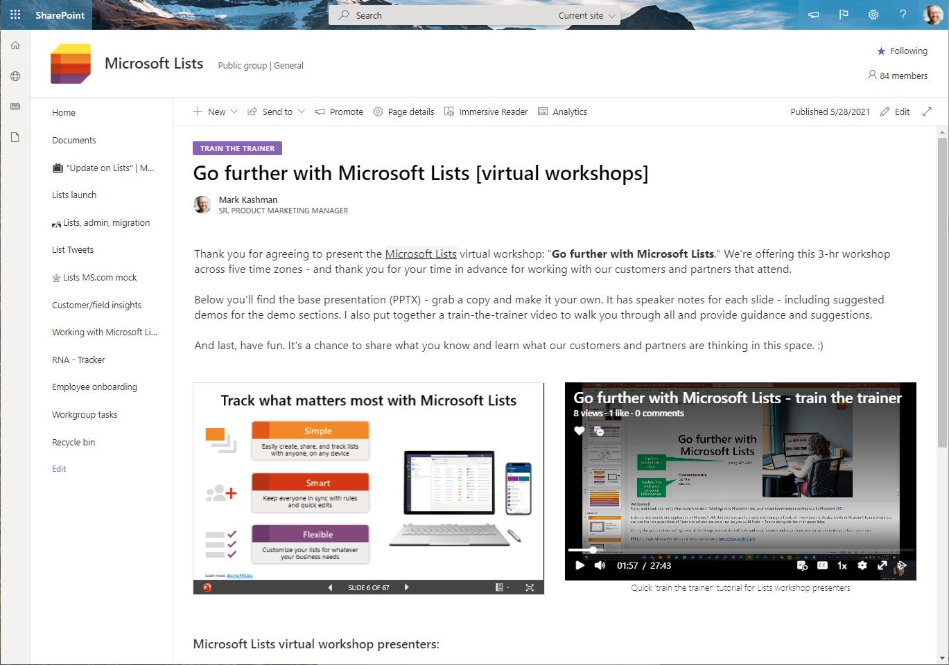 A SharePoint page within a team site showing text, PowerPoint, and a Stream video in context of a "train-the-trainer" scenario.