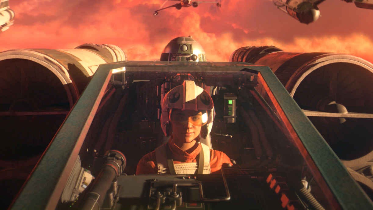An X-Wing pilot in Star Wars: Squadrons