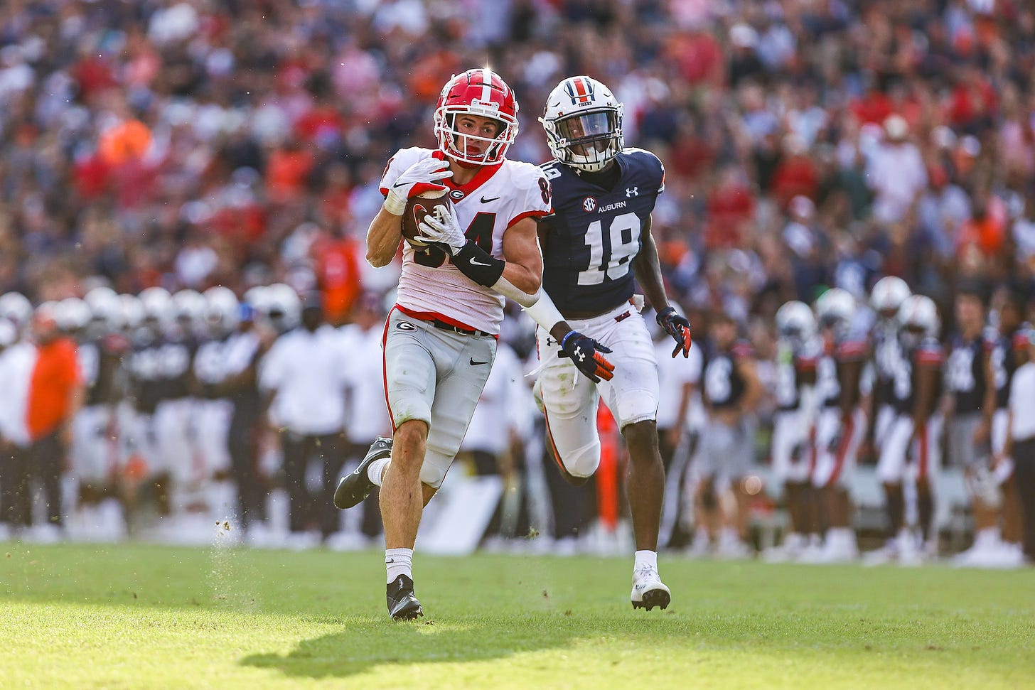 Georgia wide receiver Ladd McConkey (84) during the Bulldogs’ game against Auburn at Jordan-Hare Stadium in Auburn, Ala., on Saturday, Oct. 9, 2021. (Photo by Tony Walsh)