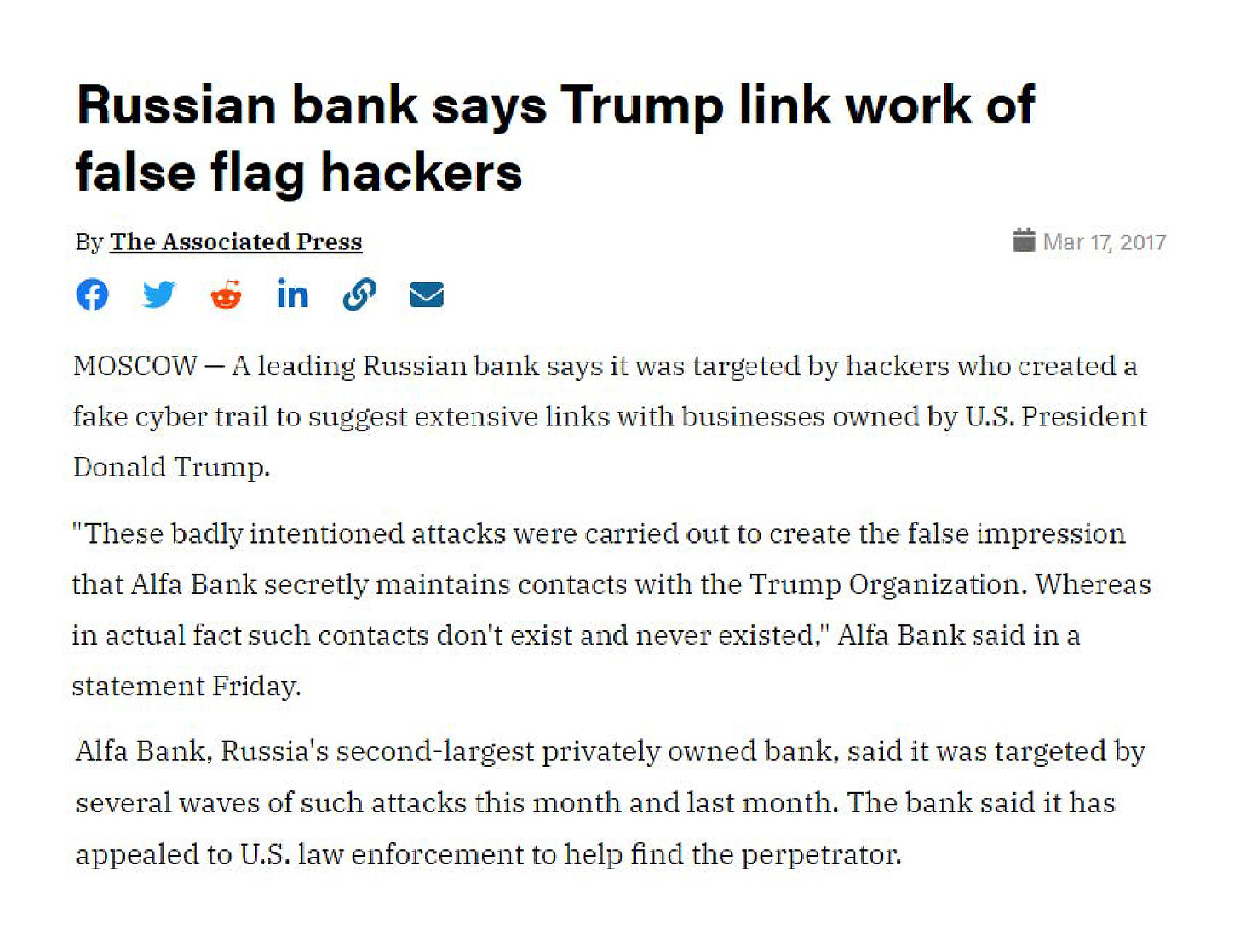 The Associated Press - Russian bank says Trump link work of false flag hackers