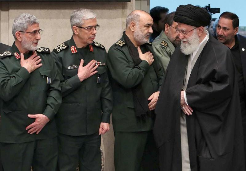 Iranian Supreme Leader Ayatollah Ali Khamenei (2nd R) greets newly appointed commander of al-Quds Force Esmail Qaani (L), Iranian Armed Forces Chief-of-Staff Major-General Mohammad Bagheri (2nd L) and Islamic Revolutionary Guard Corps Commander Hossein Salami, last January. (AFP)