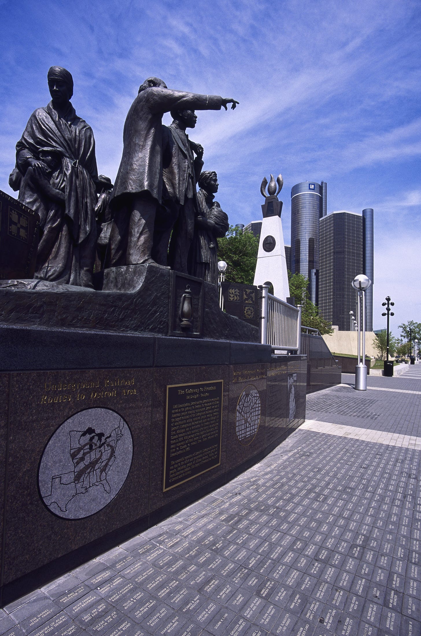 Gateway to Freedom Statue depicting freed slaves about to cross the Detroit River into Canada The story it accompanies takes place near the statue but isn't about slavery,just friendship