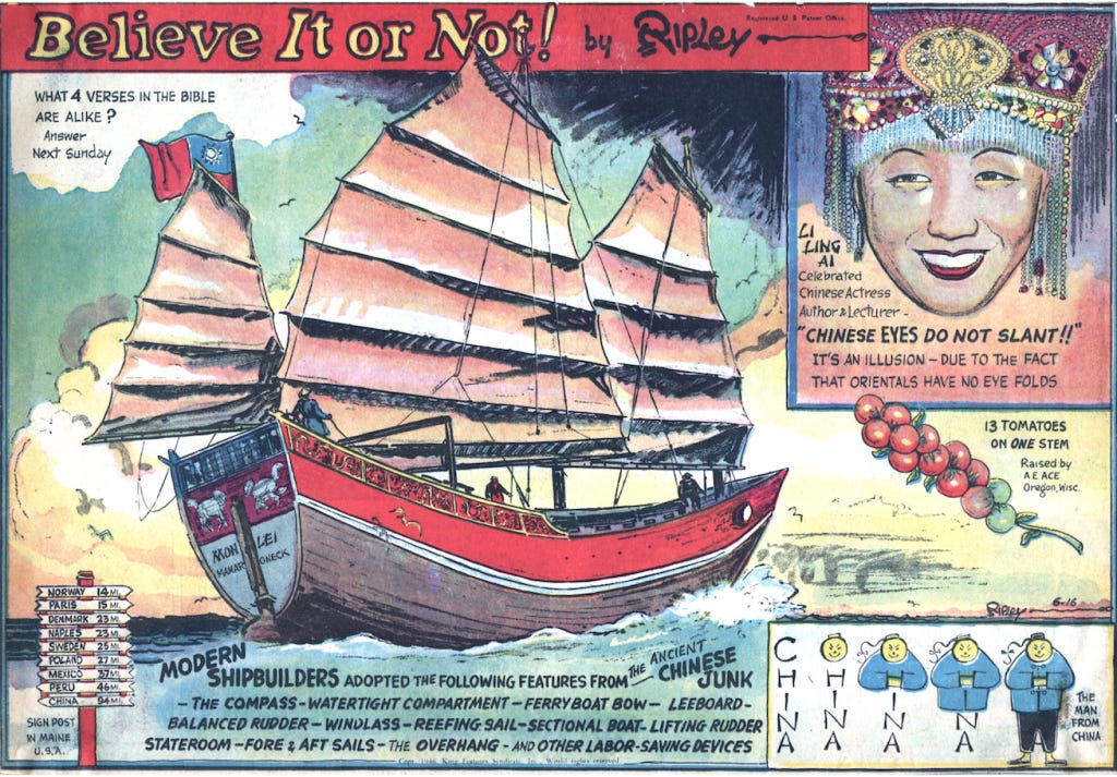color sketch of the Mon Lei at sea, includes insets about Li Ling Ai and a cartoon using the word CHINA