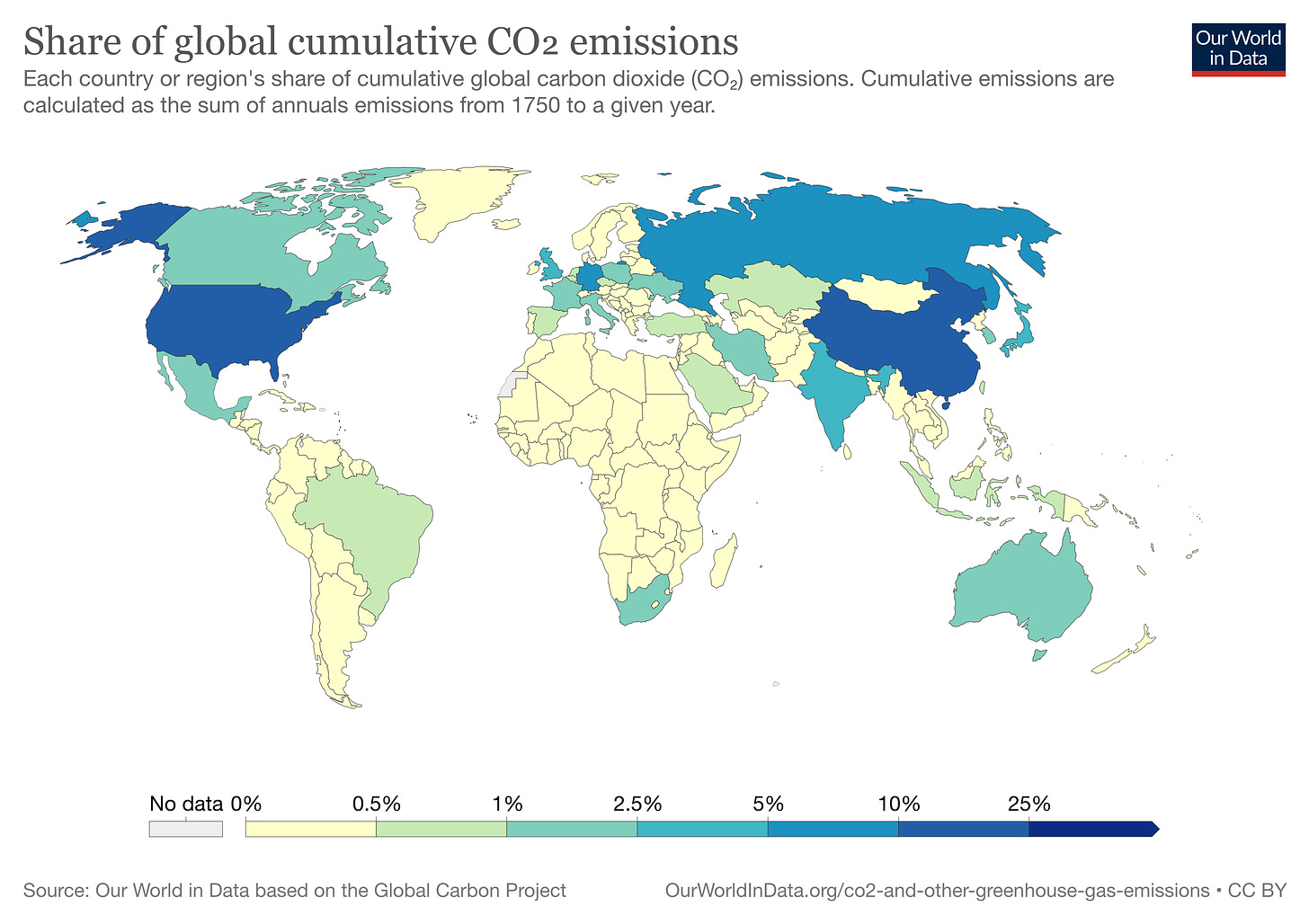 A map showing cumulative CO2 emissions: the US, China, Russia in the top 3, most of South America and Africa with almost none