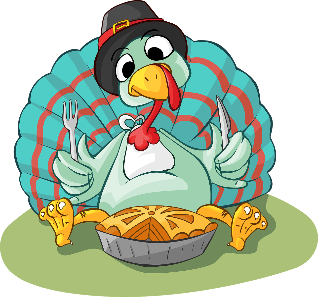 Cartoon of a turkey in a pilgrim hat eating a pumpkin pie. Everything about this sums up what troubles me about American Thanksgiving.