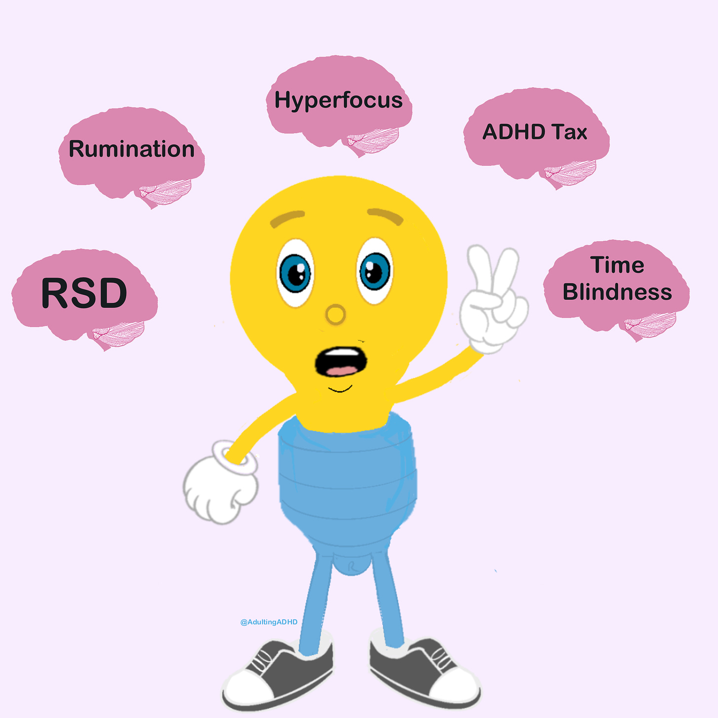 A character that's looks like a lightbulb with a human body and facial features - yellow body, blue trousers, and a pair of grey and white trainers on. There are brain-shaped speech bubbles with the following words: Rumination, Hyperfocus, ADHD Tax, RSD, and Time Blindness.