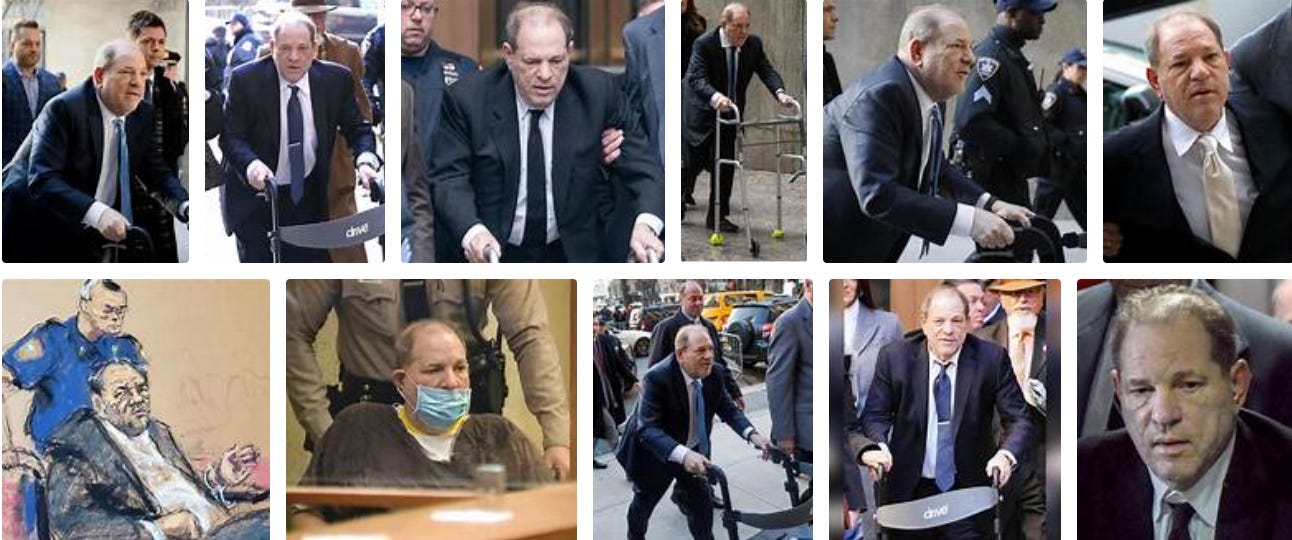 A collage of pictures of the same elderly white man clutching a walker and looking up. Some of the pictures are outside in the white light. One picture is inside and there is a guard standing behind him steering his wheelchair while the elderly man wears a mask improperly with his nose uncovered. One picture is court art drawn of the elderly man dressed in a suit with a police officer in blue standing behind him against steering his wheelchair.